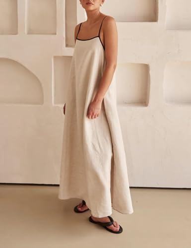 Image of Womens Summer Linen Maxi Dress Contrast Trim Spaghetti Straps Backless Sleeveless Long Flowy Dresses