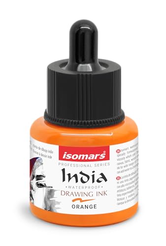 Image of Isomars Waterproof Drawing Ink with Dropper - 35ml | India Ink for Calligraphy, Art, Technical Drawing | Fade-Resistant & Quick-Drying (Orange)