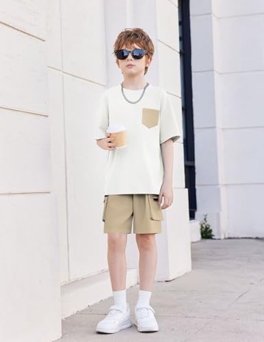 Image of Arshiner Boys' 2-Piece Cotton Outfit Short Sleeve Crewneck T-Shirt & Cargo Shorts Set Summer Casual Clothes for Kids 5-13