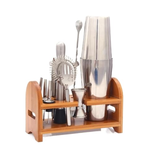 Juego de 10 coctelera de acero inoxidable con soporte de madera, coctelera de bar, juego de utensilios de bar para mezclar bebidas, kit de coctelera para el hogar, juego de coctelera
