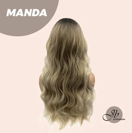 Miniatura 4 de MANDA - Peluca larga y ondulada con flequillo en capas, con raíces oscuras, balayage, rubio, rizada, para usar y llevar, pelucas de cabello largo