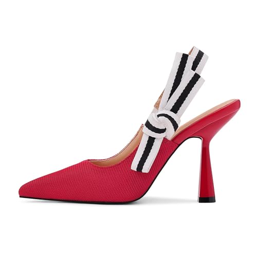 Image of HOCHFART Women's Slingback Kitten Heels Closed Pointed Toe Slip On Pumps | Bowknot, Elastic Slingback Strap, Office, Wedding, Bridal, Formal, Events, Church, Gathering, Casual Outing