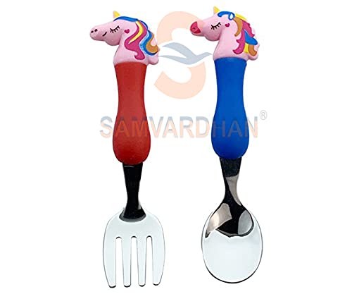 Image of Samvardhan Stainless Steel Unicorn Tableware Set Cutlery Unicorn Spoon and Fork Set for Babies Set of 4 Includes 2 Forks 2 Spoons