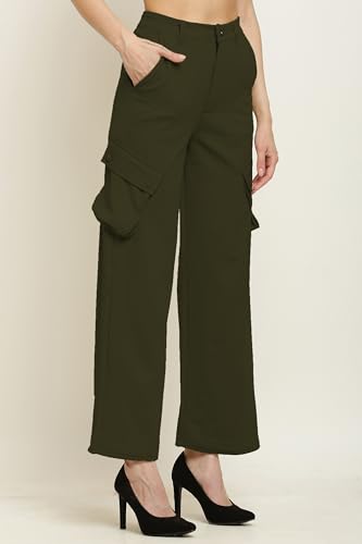 Image of Fashion Women's Casual Cargo Pants Flared High Waist Relaxed Fit Stretchable Parallel Trousers