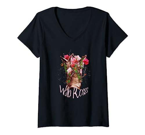 Vignes roses et bottes de cowboy, roses sauvages T-Shirt avec Col en V