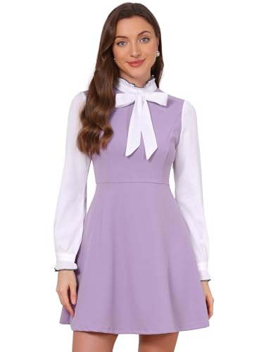 Image of Allegra K Tie Neck Dresses for Women's 1960s Vintage Long Sleeve Contrast Color Dress
