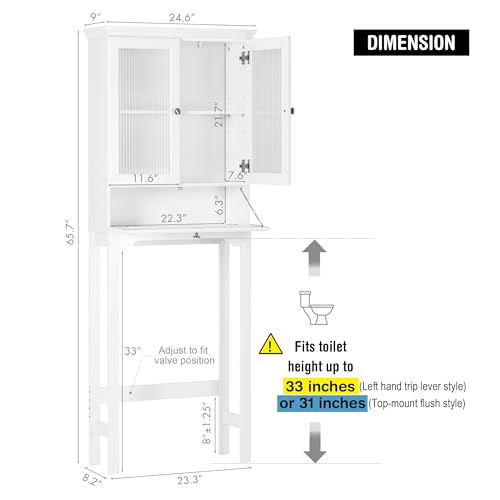 Spirich Over The Toilet Storage Cabinet with Muro Glass Doors, Over Toilet Bathroom Organizer with Tilt-Out Cube and Adjustable Shelf, White