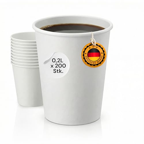 LogiPack 200 Stück Kaffeebecher weiß 8oz 200ml | hitzebeständiger Pappbecher beschichtet | Heißgetränkebecher | Kaltgetränkebecher