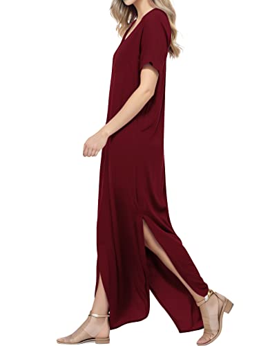 Image of Match Women's V-Neck Casual Loose Short Sleeve Long T-Shirt Dress Split Maxi Dress with Side Pocket