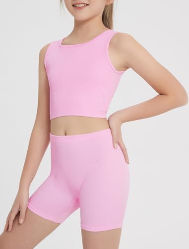 Image of EXARUS Girls 2 Piece Outfits Seamless Ribbed Cropped Tank Top Shorts Set | Teen Two Piece Outfit Tween Summer Dance Vacation Yoga Crew Neck Youth Athletic Workout Set Kids High Waist Elasticity 6-14Y