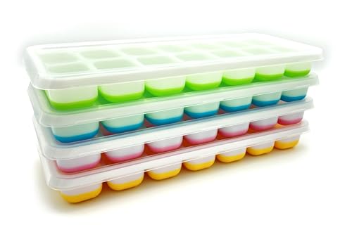 Image of Ice Cube Tray 4 Pack with Removable Lids - Silicone Ice Cube Trays For Freezer - BPA Free, Easy Release and Flexible - Covered and Great For Stacking (Green)