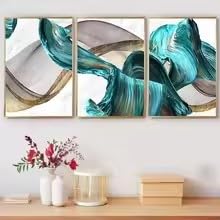 KEMEIQI 2D Flat, 2D Flat 3 pezzi UnRuly Poster ad acquerello di dipinto su tela blu con nastro dorato verde Arte moderna da parete Foto (80x160cmx3/Senza cornice)