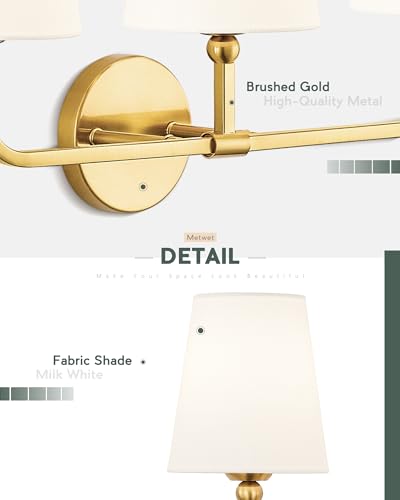 Image of Bathroom Light Fixtures, Brushed Gold Vanity Lights with Flared White Fabric Shade, 3 Light Wall Sconce, Modern Sconces Wall Lighting for Hallway Bedroom, VL837-BG-3