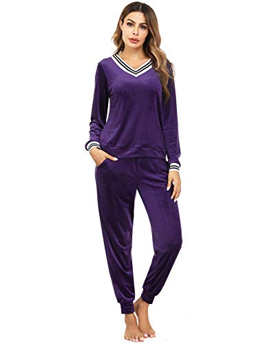 Irevial Women's Striped V Neck Velour Tracksuit Two Piece Sweatsuits Sets with Pocket