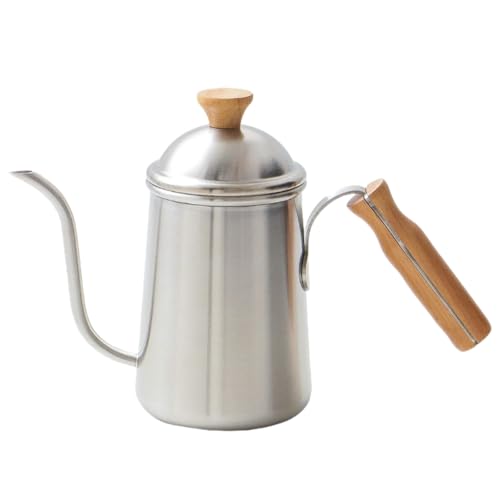 コーヒーポット/ドリップ/ケトル/ステンレス製/木製ハンドル付き/厚手/業務用/650ML/フタ付き/細口/アウトドア用品/キャンプ用/ハンドドリップ用/ロングノズル/家庭用・屋外用 (650ML,ナチュラルカラー)