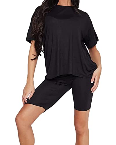 AAESSENTIAL® Women's Long T-Shirt Oversized Plain Cycling Shorts 2 PCS Summer Short Sleeve Set - Ladies Casual Co-ord Tracksuit (Black, 8-10)
