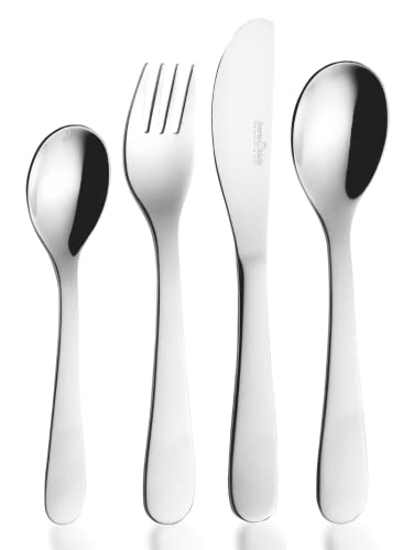 Koru Kids® Cubertería clásica para niños, de acero inoxidable, juego de 4 piezas, regalo para bebé, apto para lavavajillas, regalo de bautizo para niñas y niños a partir de 3 años Cover