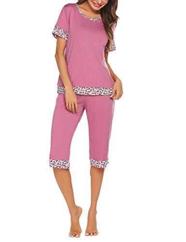 Hotouch Women's Printed Short Sleeve Tee and Capri 2 Piece Pajama Set Dusty Pink XL