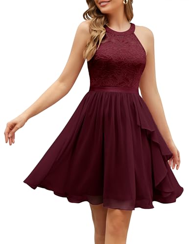 Wedtrend Damen Elegant Cocktailkleid Rüschenkleid Chiffon Kleider Neckholder Kleider Festlich WT0213 Burgundy S