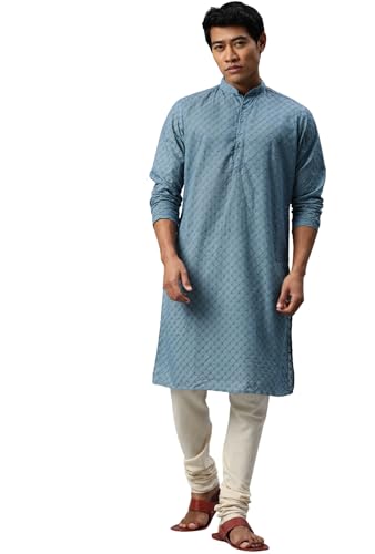 Image of Majestic Man Men's Cotton Blend Regular Fit Casual Polyester Mandarin Collar Ethnic Motifs Embroidered Long Regular Kurta