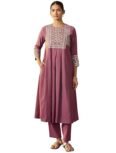 Ensemble ethnique Kurta en soie premium rose avec pantalon coupe régulière fluide L