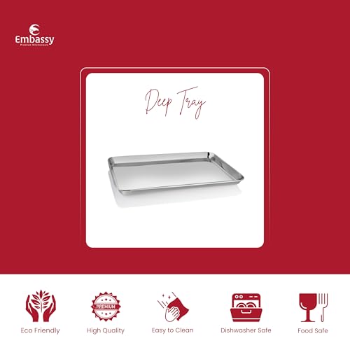 Image of Embassy Stainless Steel Rectangle Deep Tray | 33x22 cm (L x B) | Serving Tray for Kitchen | Food Tray for Parties, Catering, Dining, Baking & Everyday Use | Dishwasher Safe & Easy to Clean