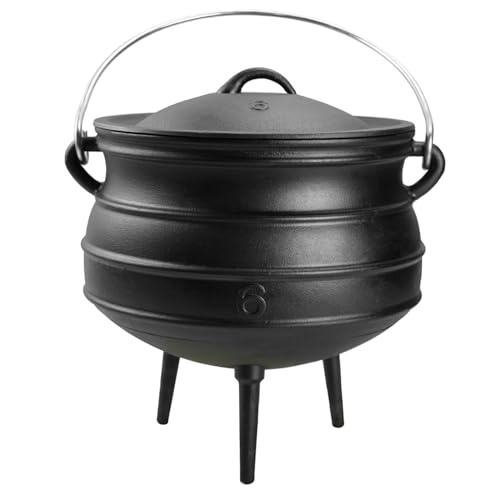14QT Cast Iron Cauldron with Lid Heavy Duty Tripod Cookware Metal Handle Pre Seasoned South African Style Campfire Pot for Outdoor