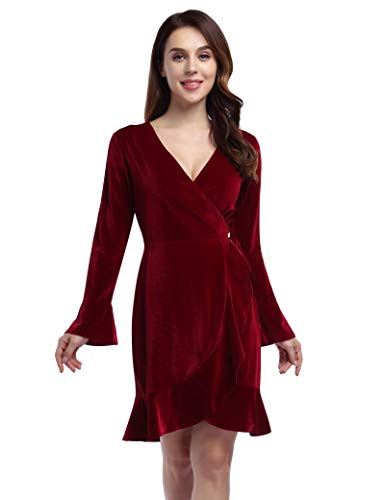 Leadingstar Women V-Neck Flare Sleeve Velvet Elegant Party Dress (Maroon, 2XL)