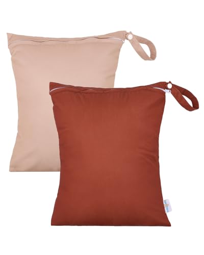 Image of babygoal Wet Dry Bags 2 Pack for Swimsuits, Waterproof Bag for Travel, Food Storage, Stroller, Daycare, Baby Diapers, Yoga, Beach, Pool, Wet Clothes-Dusty Pink and Red Brown