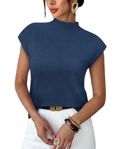 Business Casual Outfits for Women Trendy 2026 Cute Summer Tops Mock Turtle Neck Short Sleeve Sweaters Dressy Corporate Outfits Ladies Blouses Sleeveless Shirts Work Clothes Navy S