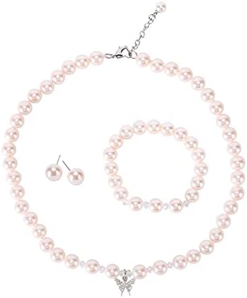 LEILE 8mm Faux Glass Imitation Crystal Glass Imitation Pearls Necklace Bracelet Earring Butterfly Pendant Jewelry 3 set for Little Girl Kids (Pink,14.5inch)