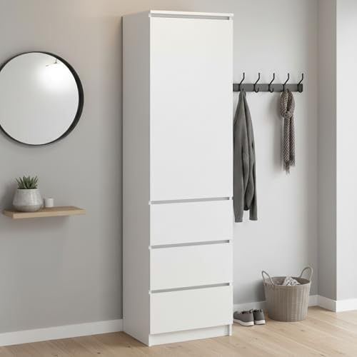 Kleiderschrank, Garderobenschrank, Mehrzweckschrank mit 3 Einlegeböden & 3 Schubladen | kompakter und funktionaler Schrank für Schlafzimmer, Flur oder Arbeitszimmer | 50x40x180 cm (BxTxH) | Weiß