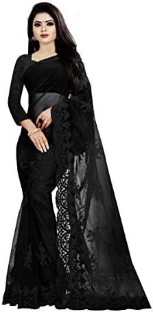 BARKIYA CREATION Women's Embroidered Work Net Fabric Saree With Unstitch Blouse Piece