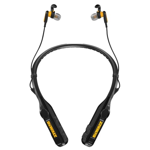DEWALT Heavy Duty Black Edition 2 in 1 Neckband Bluetooth Headphones con Altavoces Integrados, Altavoz Portátil para Obra y Auriculares Cuello, 60+H Música y Llamadas, Funda