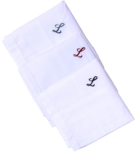 Hell Blues Monogrammed Handkerchief for Men Initial Embroidered~ 3-Pack Assorted 100% Cotton King Size White Hanky Gift (L)
