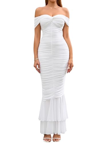Image of URYIAO Off Shoulder Maxi Dress for Women Ruched Bodycon Formal Wedding Guest Long Dresses L White