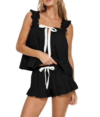 Image of ROAONOCOMO Women Floral Pajama Set Ruffle Babydoll Cami Top Coquette Pj Set Gingham 2 Piece Shorts Outfit Bridal Loungewear