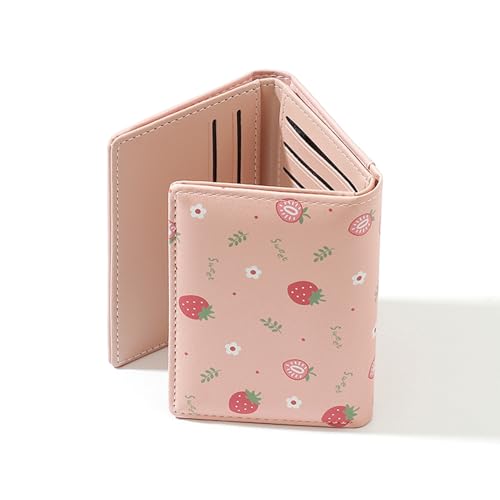 Women Girls Wallet Cute Strawberry Wallet Small Tri-Fold PU Leather Wallets Women Purse Short Trifold Wallets Cash Card Holder Bag (Pink)3