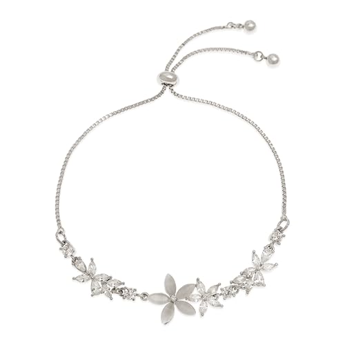 Frigotine Dainty Silver Flower Bracelets for Women, Trendy Sparkly Adjustable Non Tarnish Box Chain Opal Marquise Rhinestone Slider Bracelet Spring Prom Holiday Jewelry Gift