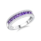 RANDES Amethyst Rings for Women Eternity Band 925 Sterling Silver Channel Set Princess Cut February Birthstone Ring Size 6