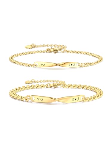 Personalized Couples Bracelets Free Engraving Custom Couples Bracelets Stainless Steel Long Distance Relationship Jewelry Womens Identification Bracelets Gifts for Him and Her