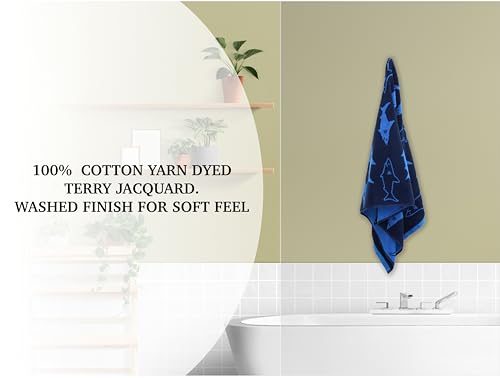 Image of ORIGINAL KIDS 6 Piece Towel Set - Bath Time Shark Attack- 2 Bath Towels, 2 Hand Towels, 2 Washcloths - 100% Cotton Jacquard Soft Absorbent Quick Dry Pool Beach Towel Gift - Navy Blue