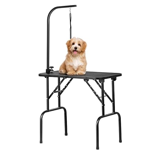Yaheetech 32-inch Foldable Pet Dog Grooming Table with Adjustable Height Arm Drying Table for Home w/ Noose for Small Dogs Cats Non-Slip Maximum Capacity Up to 220lbs Black