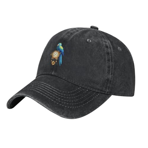 Questo Black BROLEO Parrot seduto su un vecchio orologio a pendolo stampa cappello da baseball cowboy lavato presenta un design classico in denim con una cinghia regolabile, che lo rende un accessorio versatile per uomini e donne che hanno bisogno di una vestibilità comoda e personalizzabile per qualsiasi circonferenza della testa.