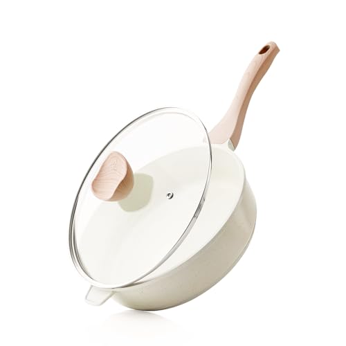 Image of Kordisen Nonstick Ceramic Deep Frying Pan Skillet with Lid, 10 Inch, Cream