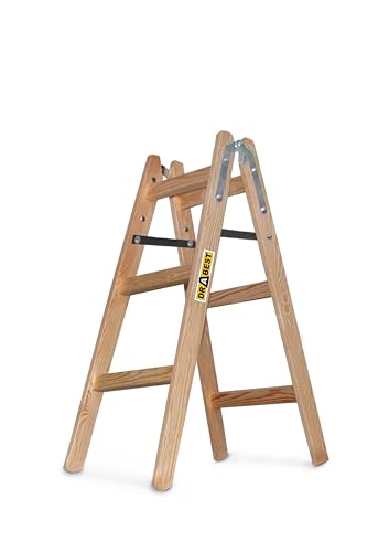 DRABEST - Holzleiter - für Malerarbeiten - 2X 3 Sprossen - m lang - bis 150 kg - Arbeitshöhe 0,95 m 2,4 m - Klappbar - Tritt-, Bock-, Stehleiter - Beidseitig Begehbar, Imprägniert - mit Eimerhaken DRABEST - Holzleiter - für Malerarbeiten - 2X 3 Sprossen - m lang - bis 150 kg - Arbeitshöhe 0,95 m 2,4 m - Klappbar - Tritt-, Bock-, Stehleiter - Beidseitig Begehbar, Imprägniert - mit Eimerhaken