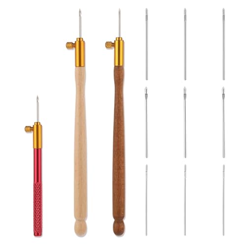 Kodrily 3Pcs Tambour Tools Stainless Steel Wood Handle Embroidery Crochet Hooks with 9 Needles Tambour Hooks Kit DIY French Tambour Hook Sewing Craft Tool for Sequin Beading