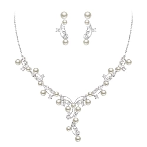 Image of White Faux Pearl Leaf Vine Bridal Cubic Zirconia Jewelry Set for Women | Wedding Party Necklace Earrings for Bridesmaid Bride
