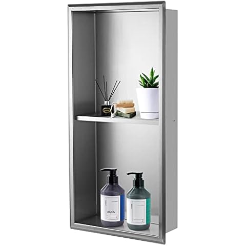 Sanbege 12"×24" Shower Niche Shelf Divider, Brushed Stainless Steel Bathroom Shelf Insert, Double Recessed Shower Caddy for Shower Products Organizer (Fits 10-7/8" x 22-7/8" Wall Hole) Cover