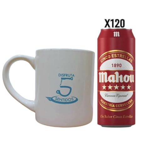 Mahou Cinco Estrellas Cerveza, MegaPack 5 Cajas x 24 Latas de 50cl, con Taza de Regalo